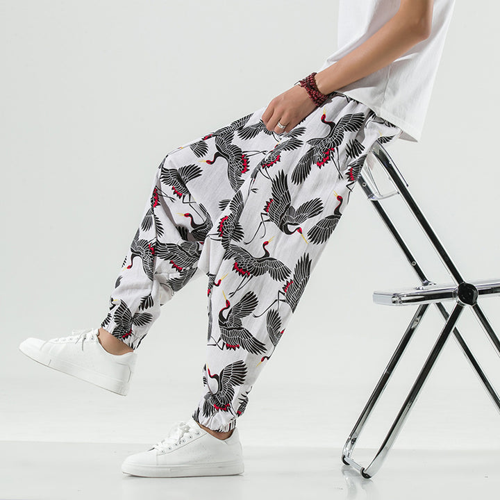 Casual and breathable men's harem pants with a unique crane pattern Lune London