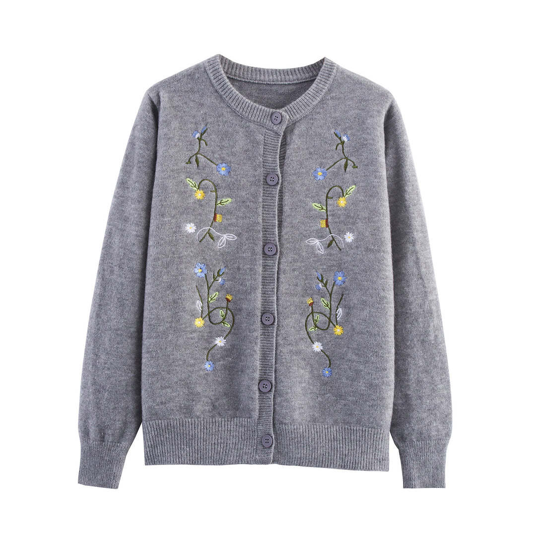 Knitted women's jacket with embroidered floral design and decorative buttons Lune London