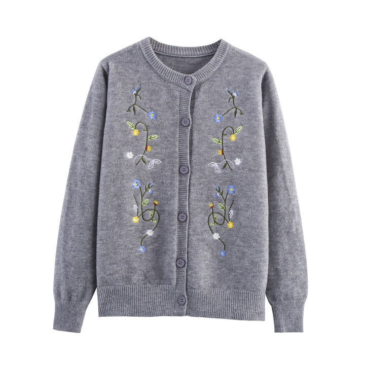 Knitted women's jacket with embroidered floral design and decorative buttons Lune London