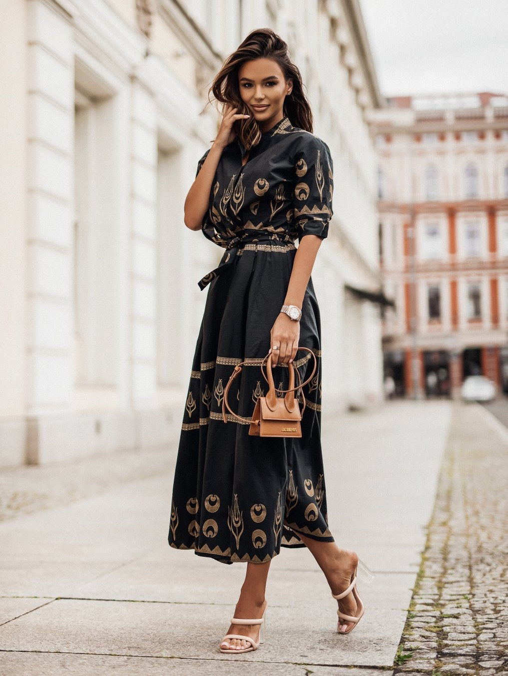 Elegant Woman Printed Shirt Dress Lune London