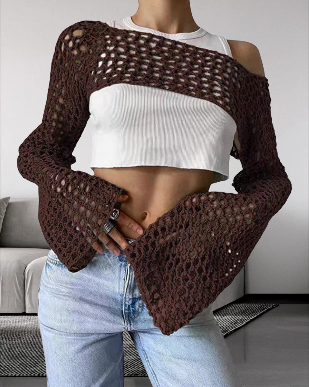 Crochet tank top for women with open stitches and wide sleeves Lune London