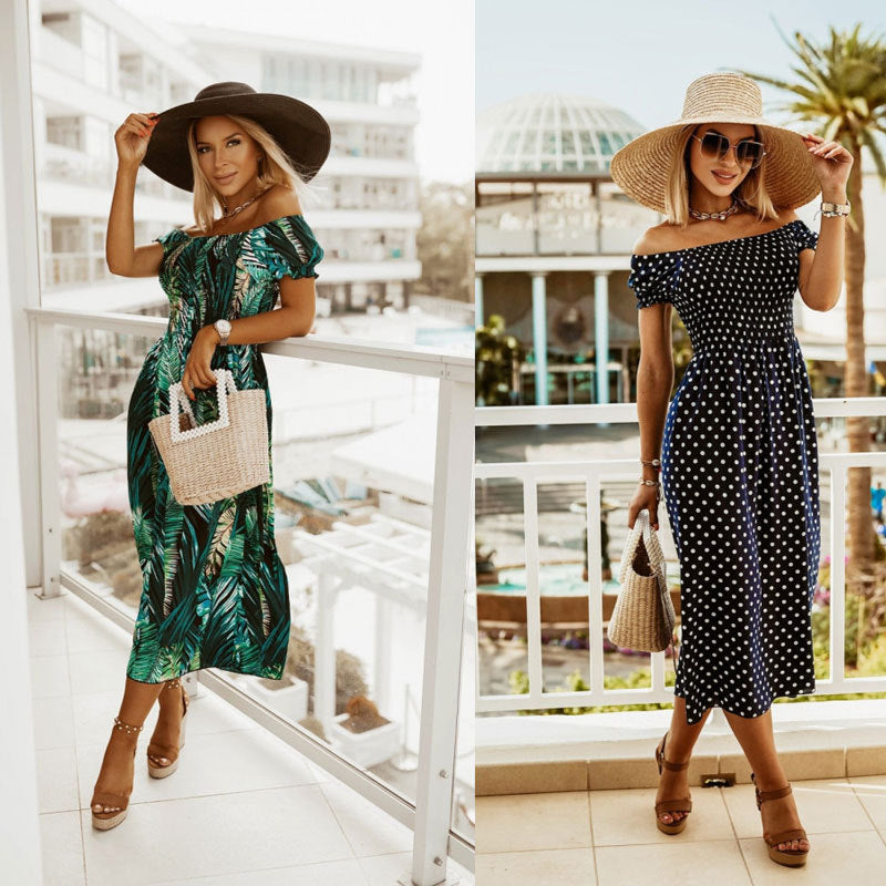 Maxi off-shoulder dress for women with tropical leaves Lune London