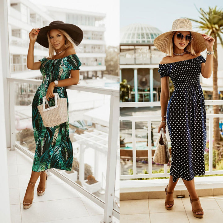 Maxi off-shoulder dress for women with tropical leaves Lune London