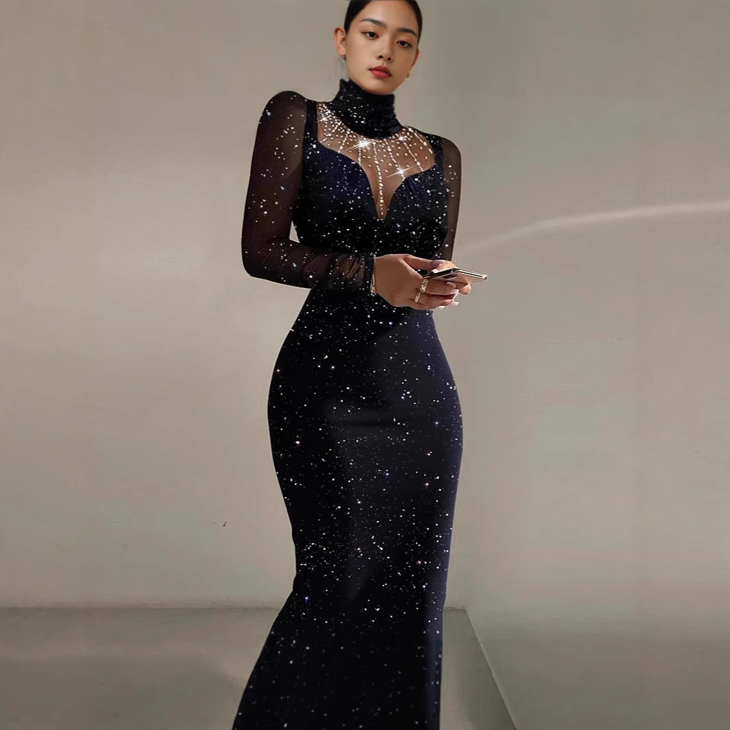 Lune London | Ladies Elegant Evening Dress with Transparent Sleeves and Shimmering Star Pattern