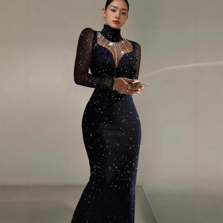 Lune London | Ladies Elegant Evening Dress with Transparent Sleeves and Shimmering Star Pattern
