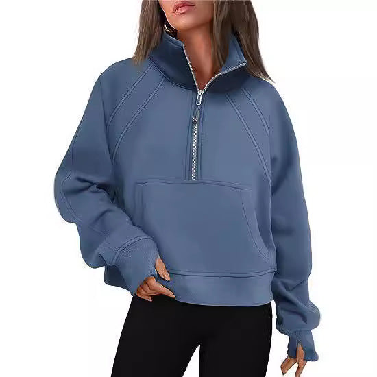 Ladies mid-zip plush pullover with hood and kangaroo pocket Lune London