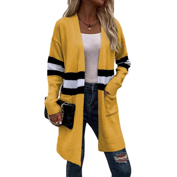 Knitted cardigan for women with sporty stripes and open pockets Lune London