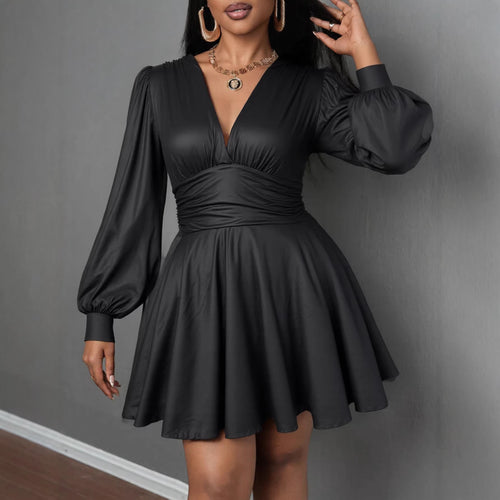 Women's elegant mini dress with deep V-neck and voluminous puff sleeves Lune London