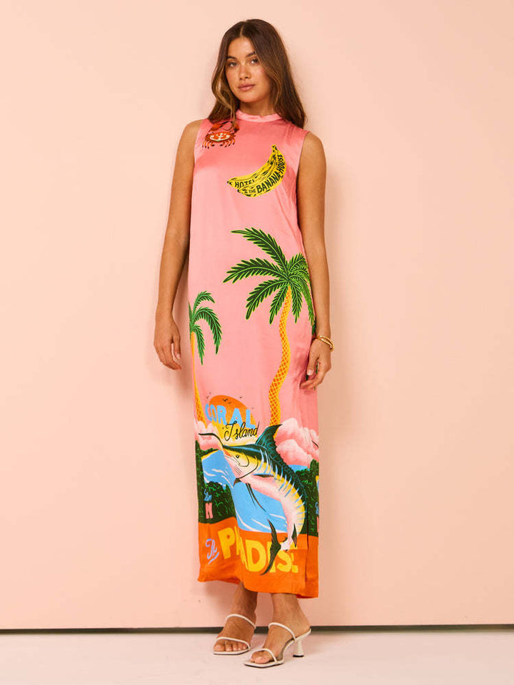 Women's maxi dress with colorful tropical print and casual cut