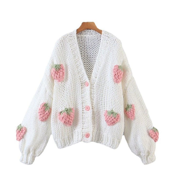Womens knit jacket with strawberry appliqués and button closure Lune London