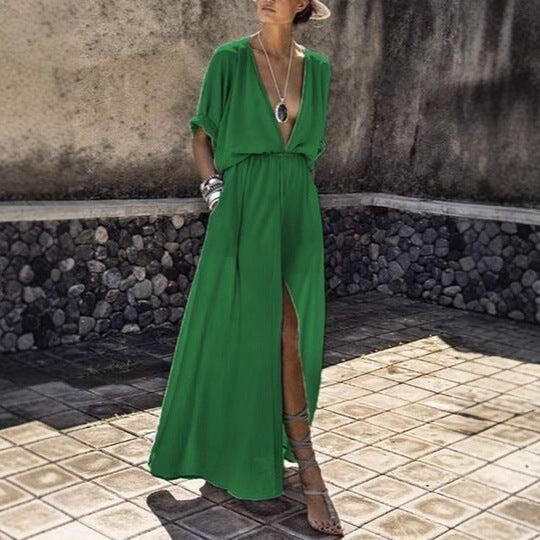 Women's Elegant Maxi Dress with Deep V-Neck and High Slit Lune London