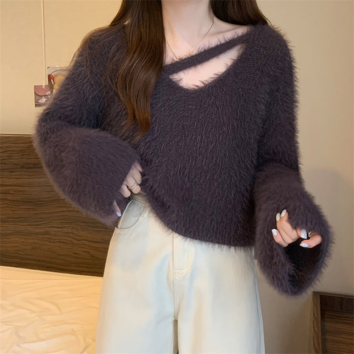 Pull Femme Fluffy à Coupe Décontractée et Décolleté en V Profond Chic & Stil