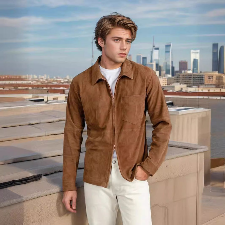 Suede jacket for men with a modern high collar and practical pockets Lune London