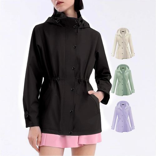 Functional practical jacket for women with adjustable waist and hood Lune London