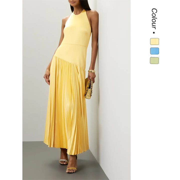 Ladies Elegant Maxi Dress with Flowing Pleated Skirt and Halter Neck Design