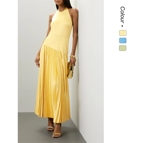 Ladies Elegant Maxi Dress with Flowing Pleated Skirt and Halter Neck Design