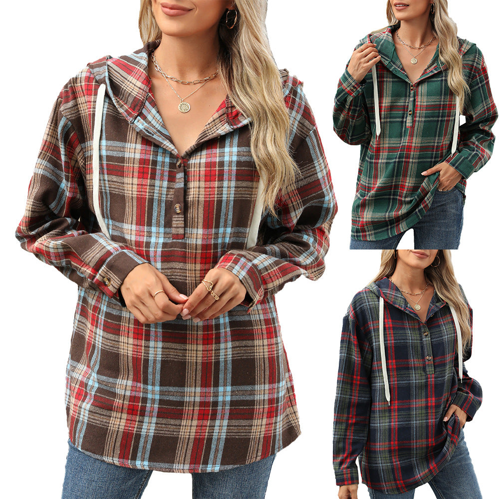 Ladies Checked Overshirt with Hood and Button Details Lune London