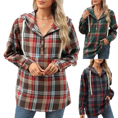 Ladies Checked Overshirt with Hood and Button Details Lune London