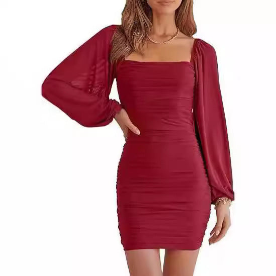 Ladies Elegant Mini Dress with Puff Sleeves and Chic Ruffled Design