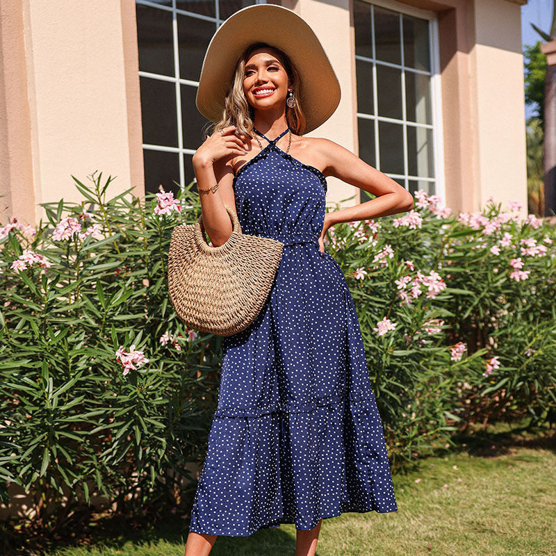 Maxi dress with polka dot neckline for women with ruffled skirt Lune London