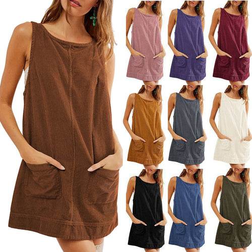 Women's Casual Dungaree Dress with Practical Pockets and Wide Straps Lune London