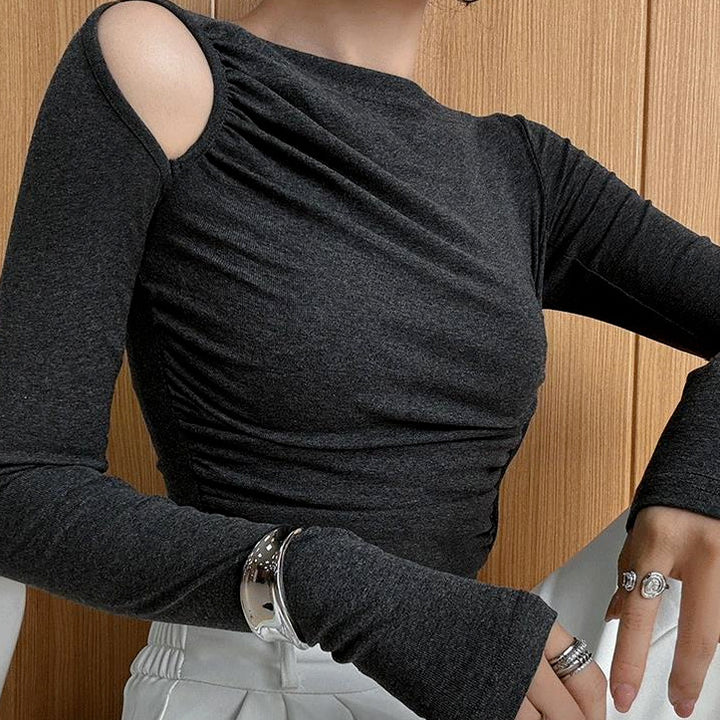 Women's asymmetrical long sleeve shirt with gathering on the side