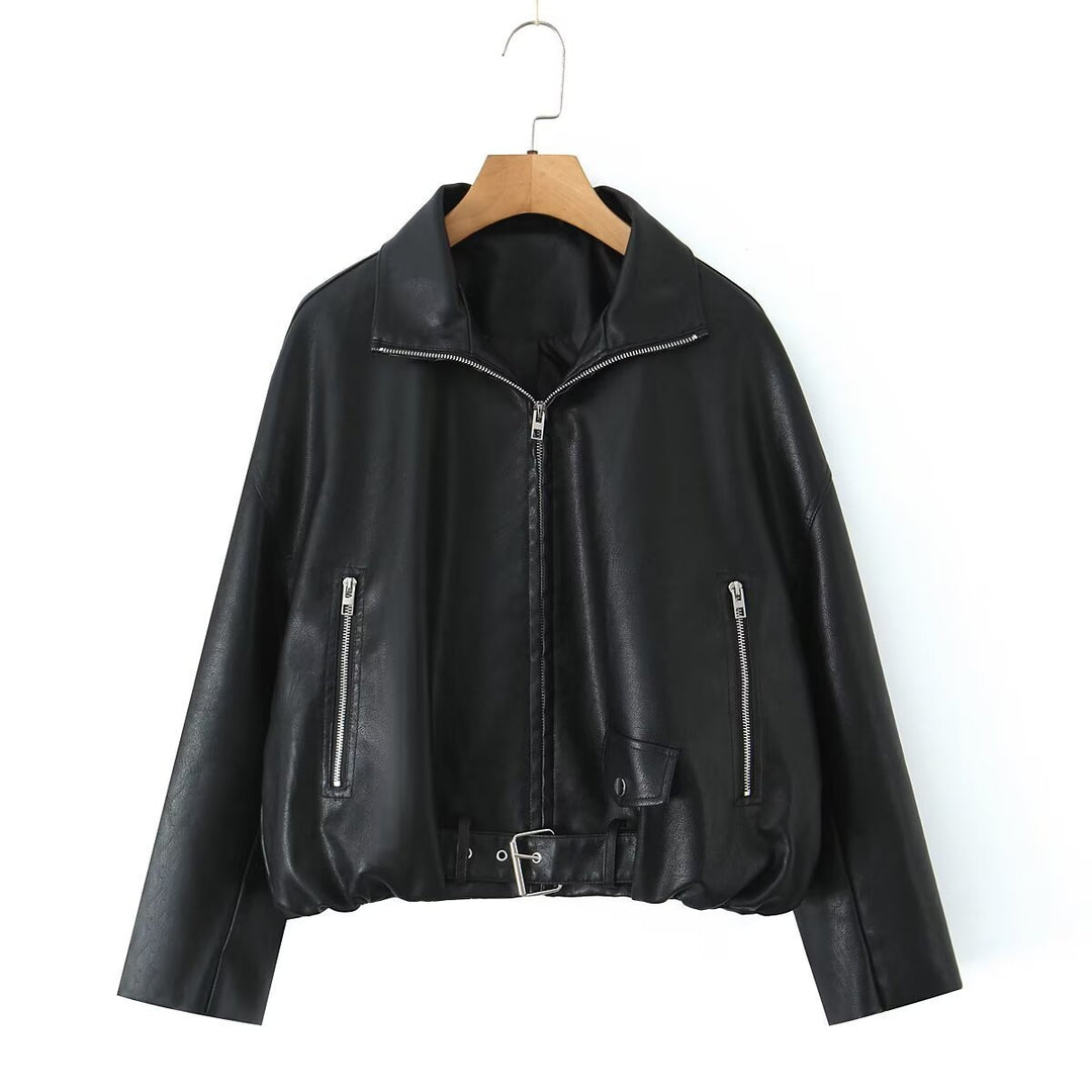 Cropped faux leather jacket for women with striking high collar and practical zip pockets Lune London