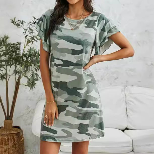 Leisure dress for women with ruffle details and camouflage design Lune London