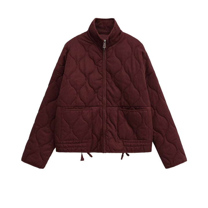 Ladies quilted transition jacket with high collar and practical pockets Lune London
