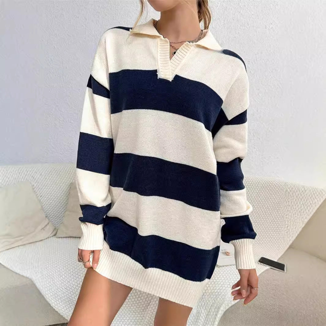 Sweater dress for women with modern striped pattern and detail-rich button placket Lune London