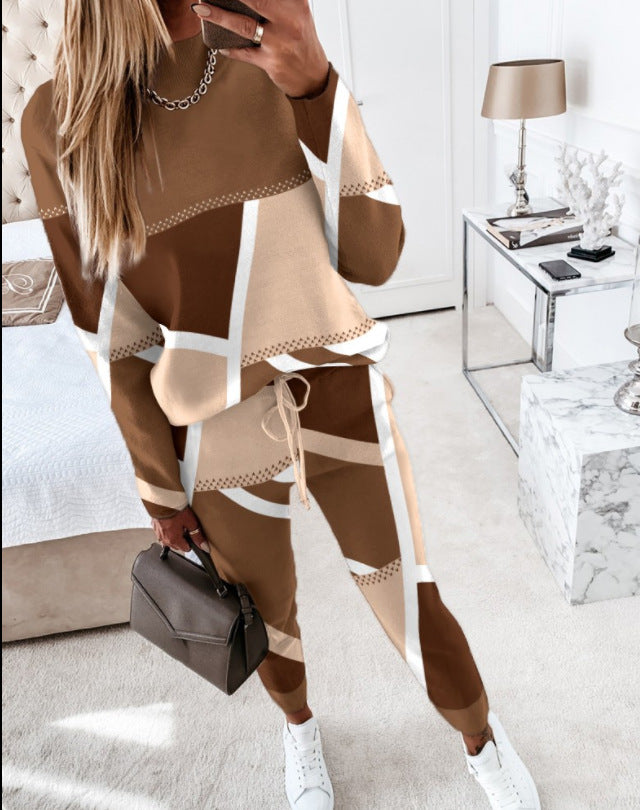Ladies Stylish Leisure Set with Geometric Pattern and Chic Cut
