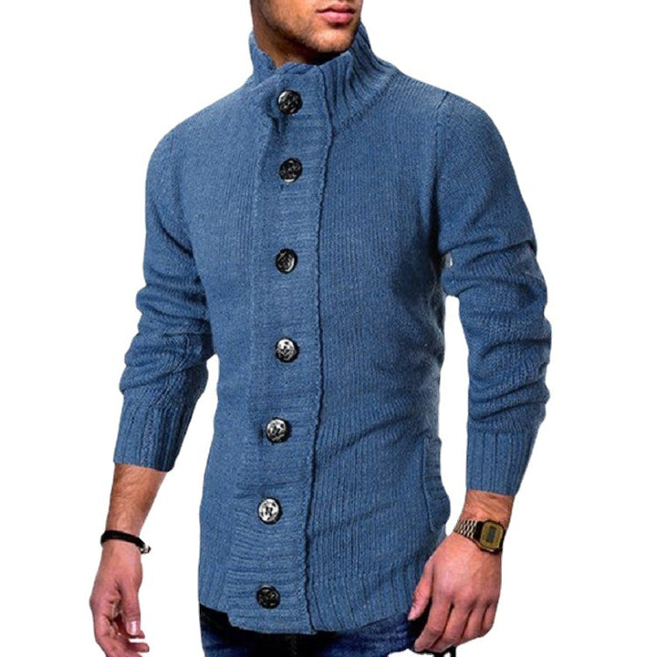 Men's knitted jacket with high collar and decorative button details Lune London