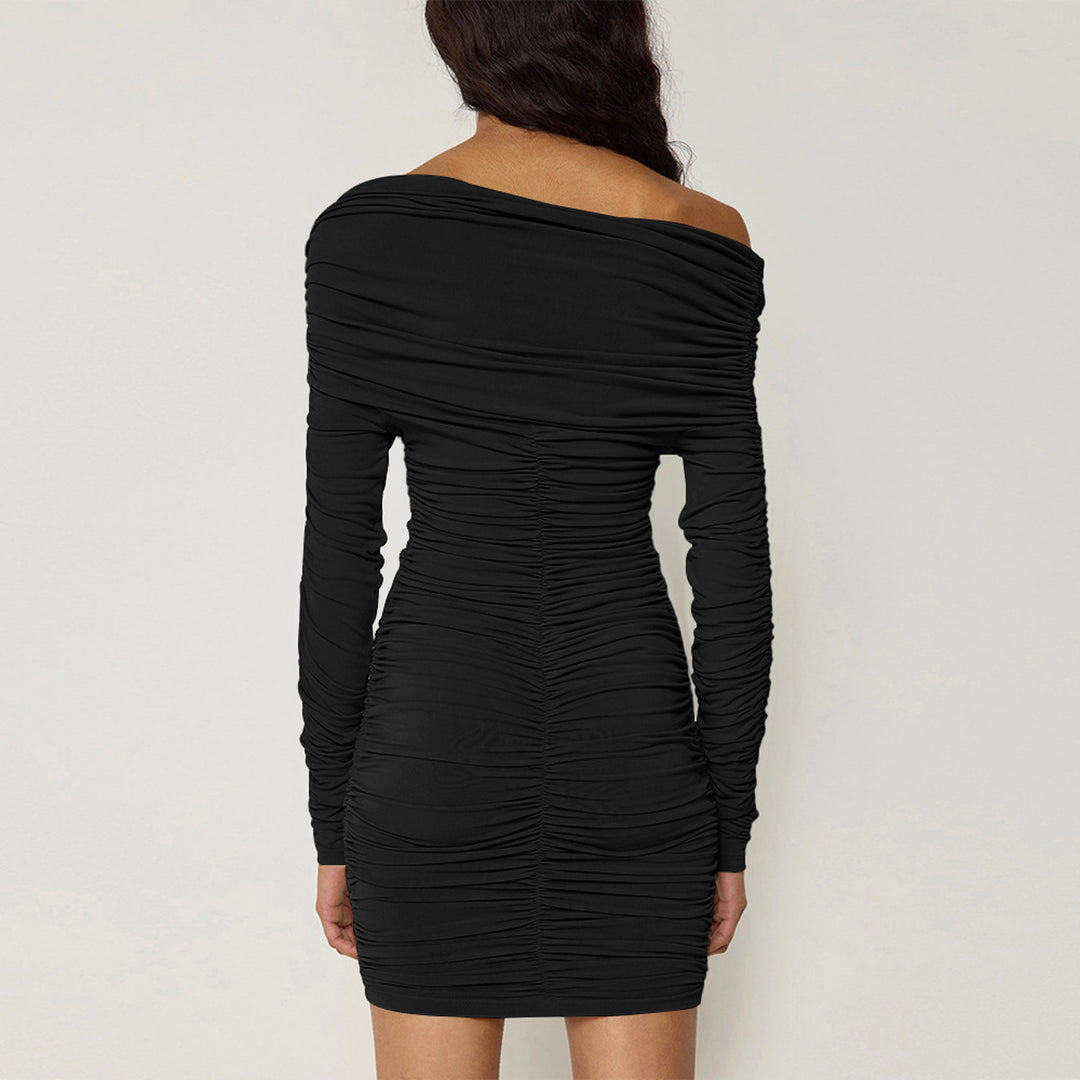 Women's Figure-Hugging Off-Shoulder Dress with Ruching and Long Sleeves Lune London