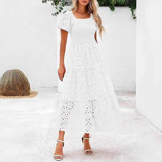 Maxi dress for women with decorative cut-out pattern and puff sleeves Lune London