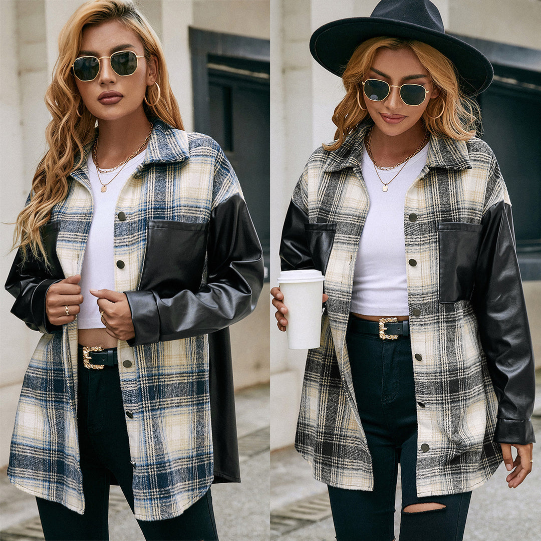 Women's overshirt with faux leather sleeves and checked pattern Lune London