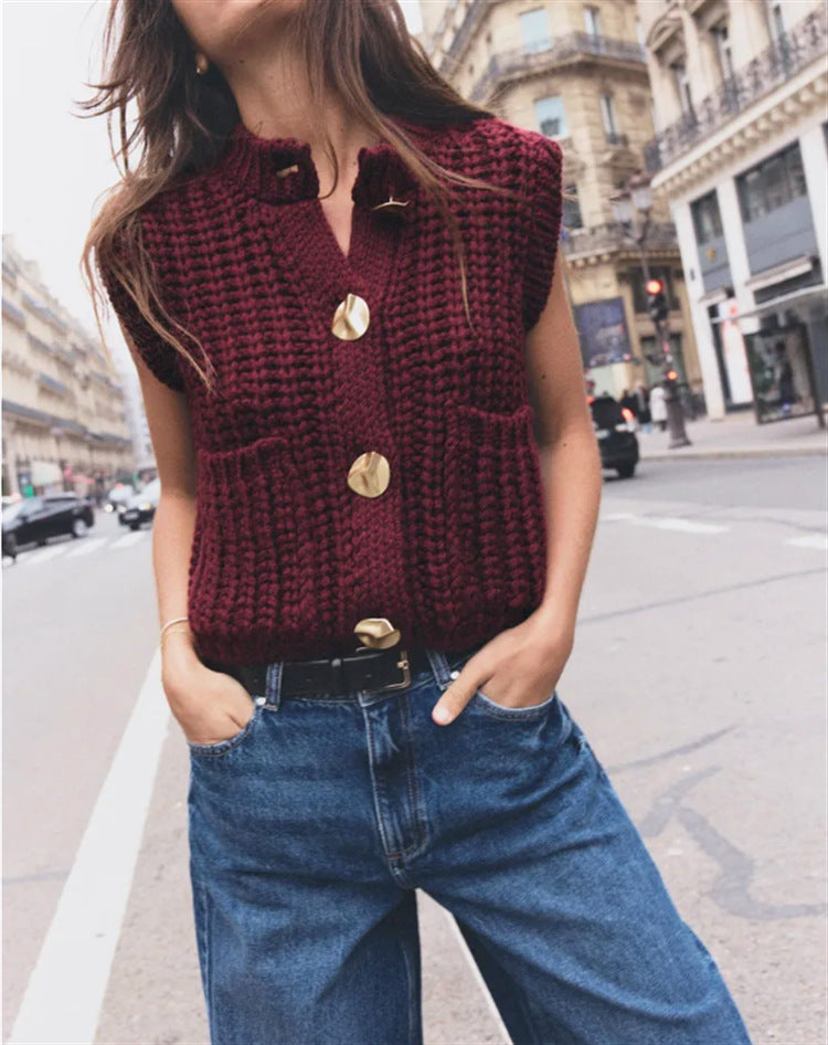 Knitted vest for women with stylish buttons and practical pockets Lune London