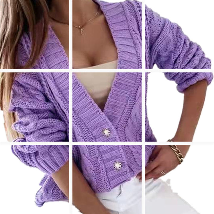 Women's knitted jacket with decorative cable design and unique button details Lune London