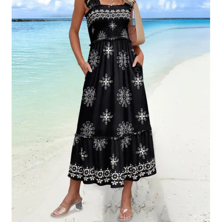 Maxi tiered dress for women with adjustable straps and pockets Lune London