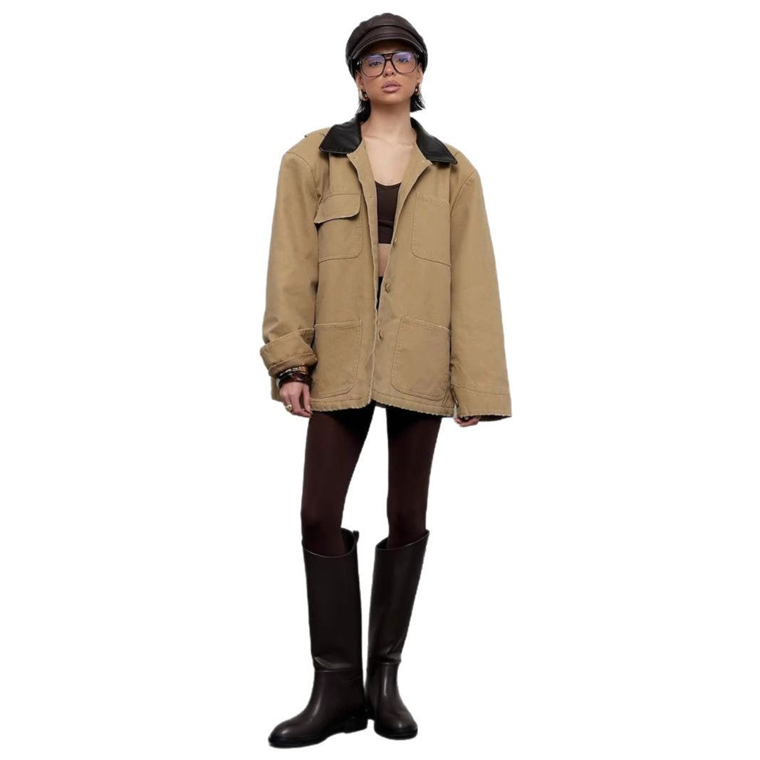 Casual oversized jacket for women with leather collar and practical pockets Lune London