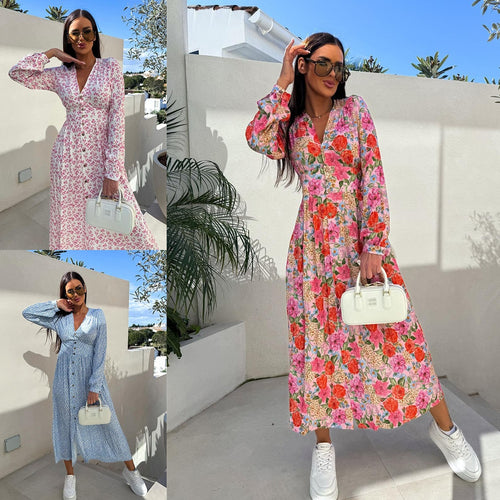 Elegant maxi dresses for women with floral patterns and button details Lune London