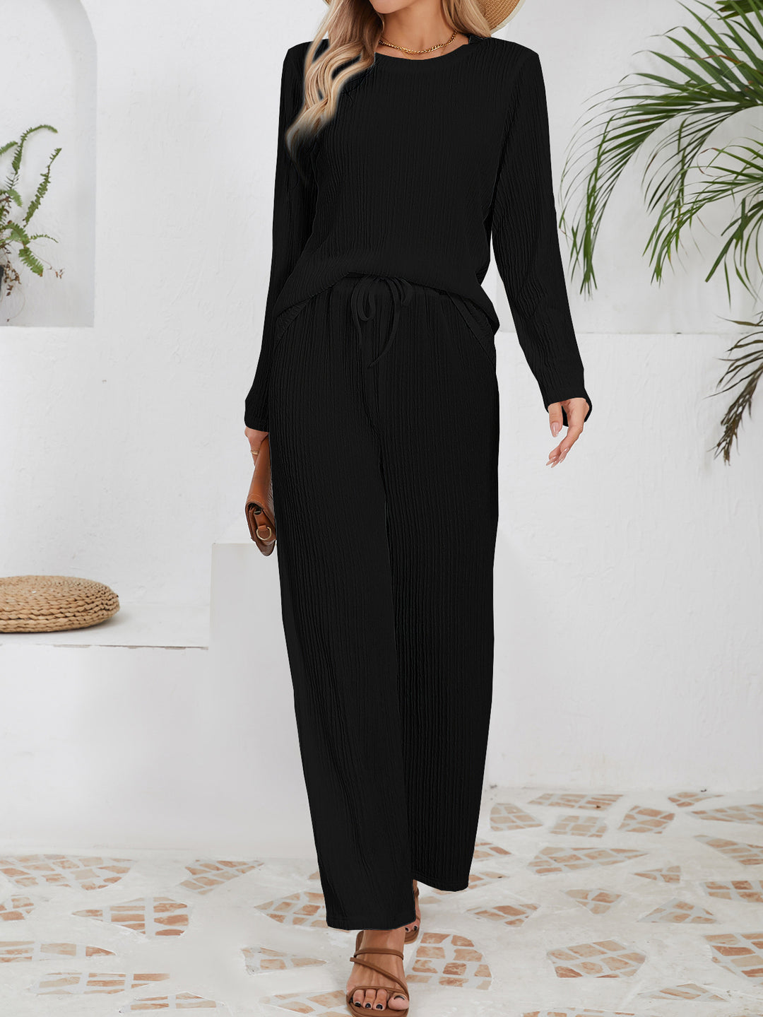 Ensemble décontracté confortable pour femmes avec texture côtelée et taille élastique Chic & Stil