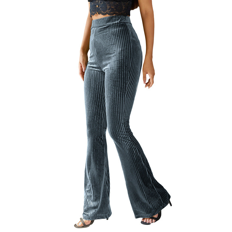 Elegant flared trousers for women in velvet material with a fine striped pattern Lune London