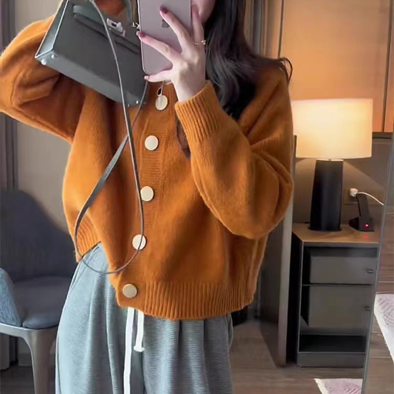 Women’s knit jacket with gold button closure and loose fit Lune London