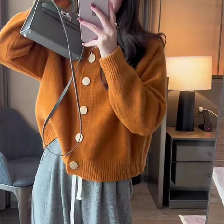 Women’s knit jacket with gold button closure and loose fit Lune London