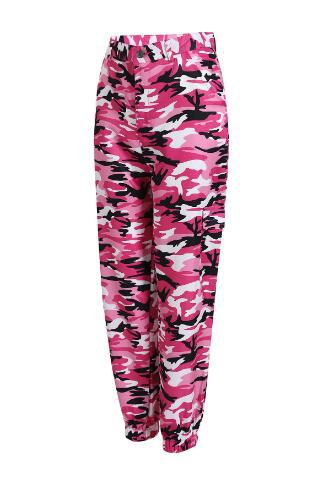 Cargo pants for women with a modern camouflage design featuring practical pockets and elastic waist Lune London