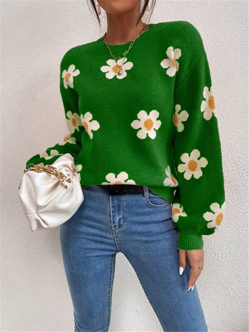 Knit sweater for women with a playful floral pattern and elegant puff sleeves Lune London