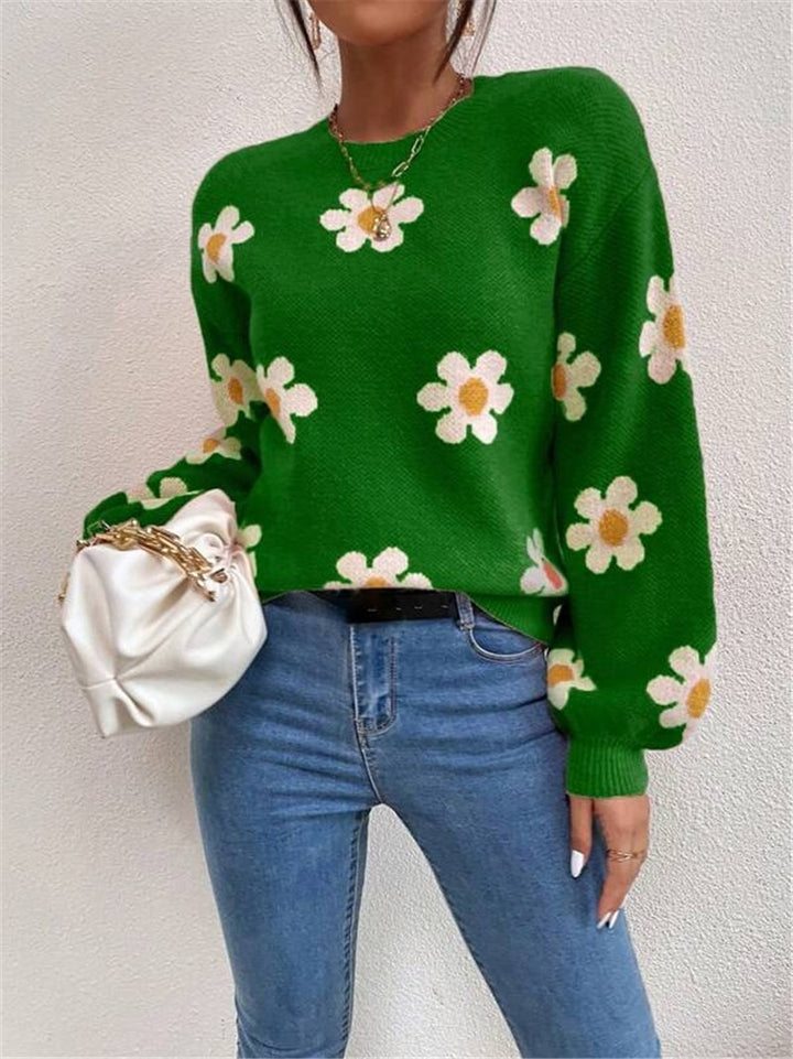 Knit sweater for women with a playful floral pattern and elegant puff sleeves Lune London