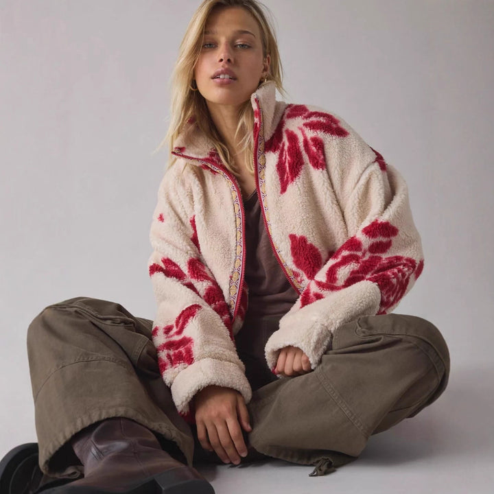 Veste en polaire douillette pour femmes avec design floral et col montant Chic & Stil
