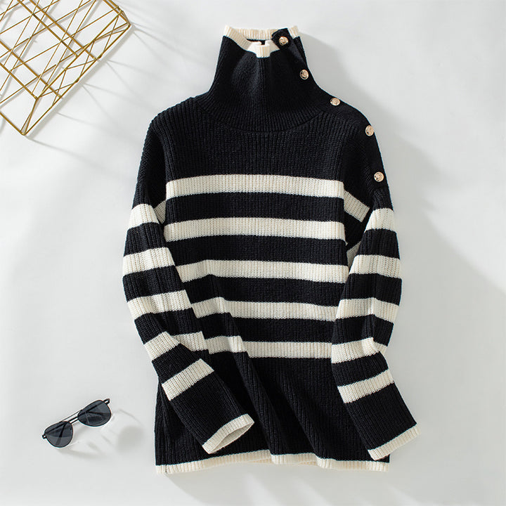 Women's turtleneck sweater with button details and striped design Lune London