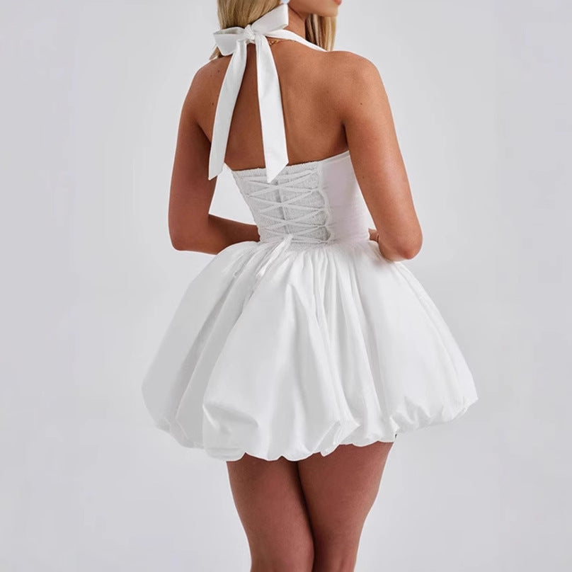 Ladies Playful Mini Dress with Straps and Voluminous Skirt Lune London